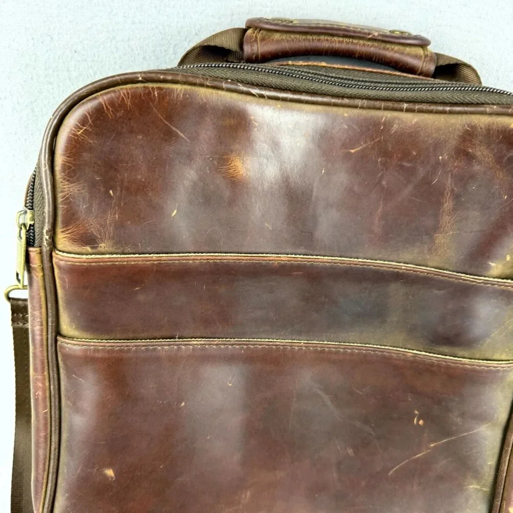 Brookstone Messenger Bag Mens Brown Leather Multi Pocket Detachable Crossbody